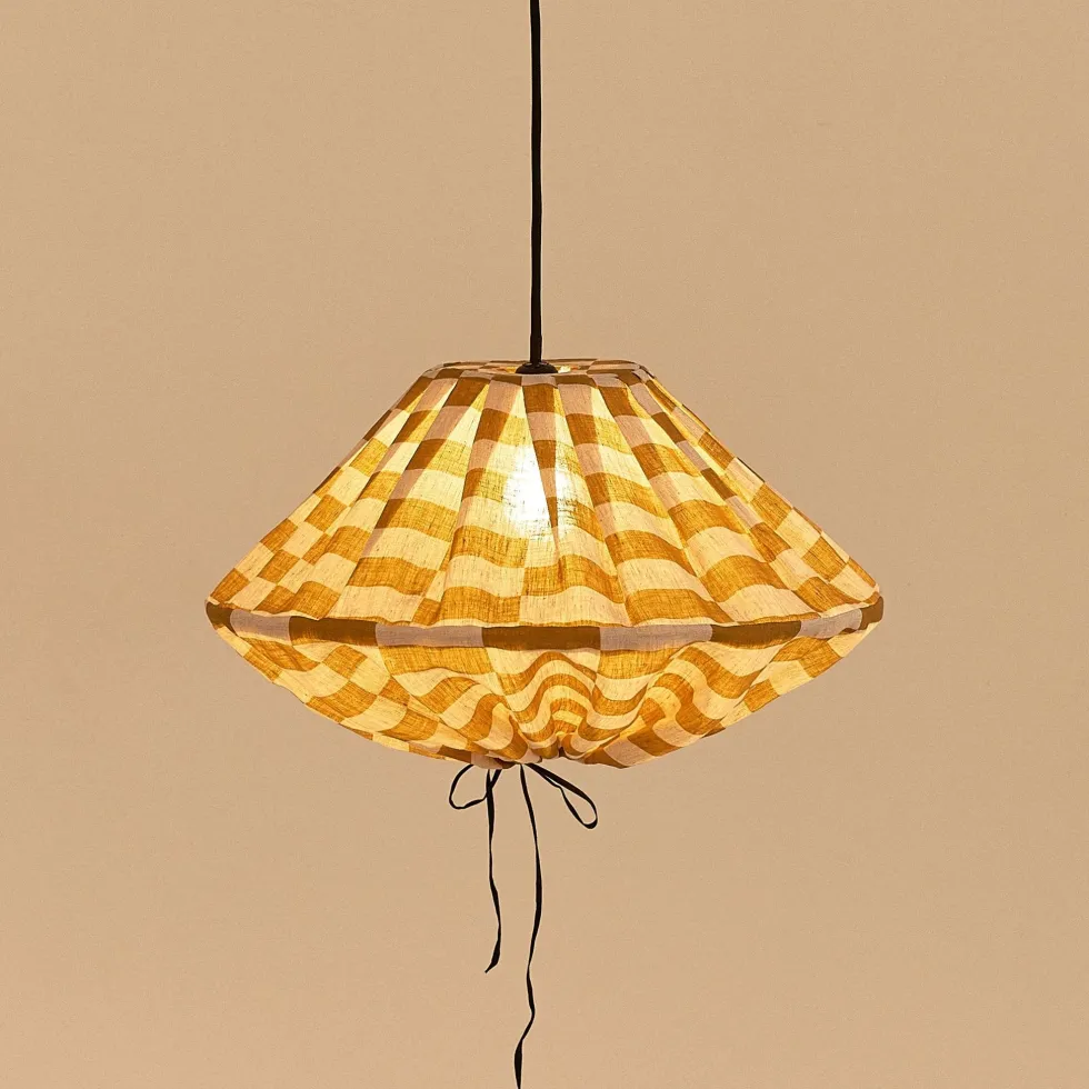 Abat-jour pour suspension en lin français à carreaux jaune moutarde 50 cm Yumi - Nobodinoz