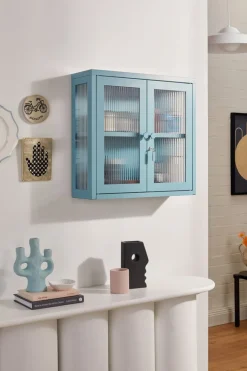 Armoire murale en acier bleu océan et verre cannelé 60x18x57cm The Kit - Mustard Made