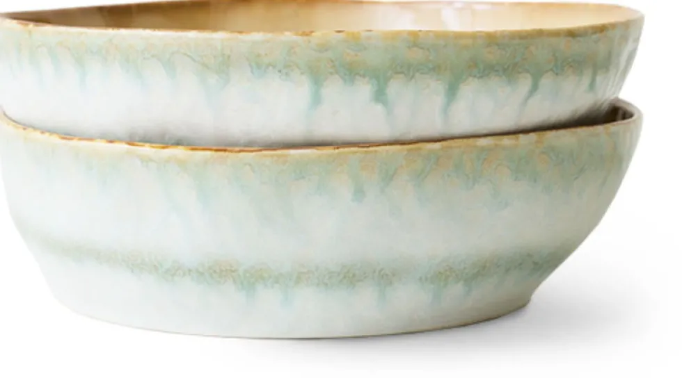 2 Assiettes creuses à pâtes en grès blanc et vert 18,7 x 18,7 x 5,2 cm Vaisselle 70's - HKLiving