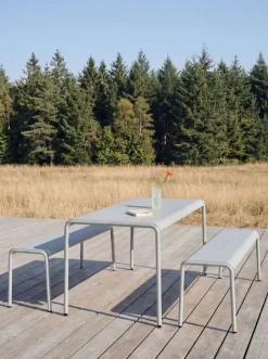 Banc de jardin en acier thermolaqué inoxydable gris craie 140x42x45cm Panorama - TIPTOE