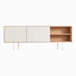 Buffet bas en chêne blanchi huilé et tiroirs en linoléum gris 45 x 180 cm Fina - Gazzda