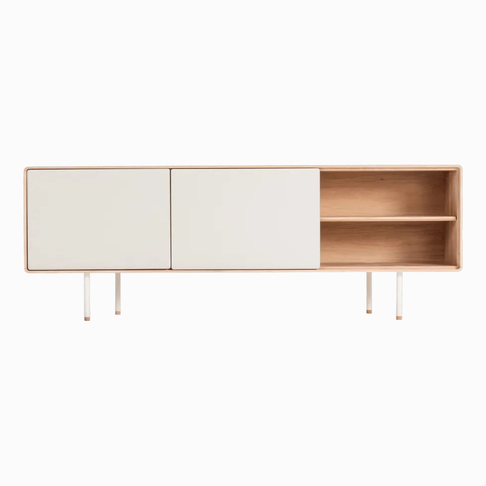 Buffet bas en chêne blanchi huilé et tiroirs en linoléum gris 45 x 180 cm Fina - Gazzda