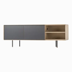 Buffet bas en chêne blanchi huilé et tiroirs en linoléum noirs 45 x 180 cm Fina - Gazzda