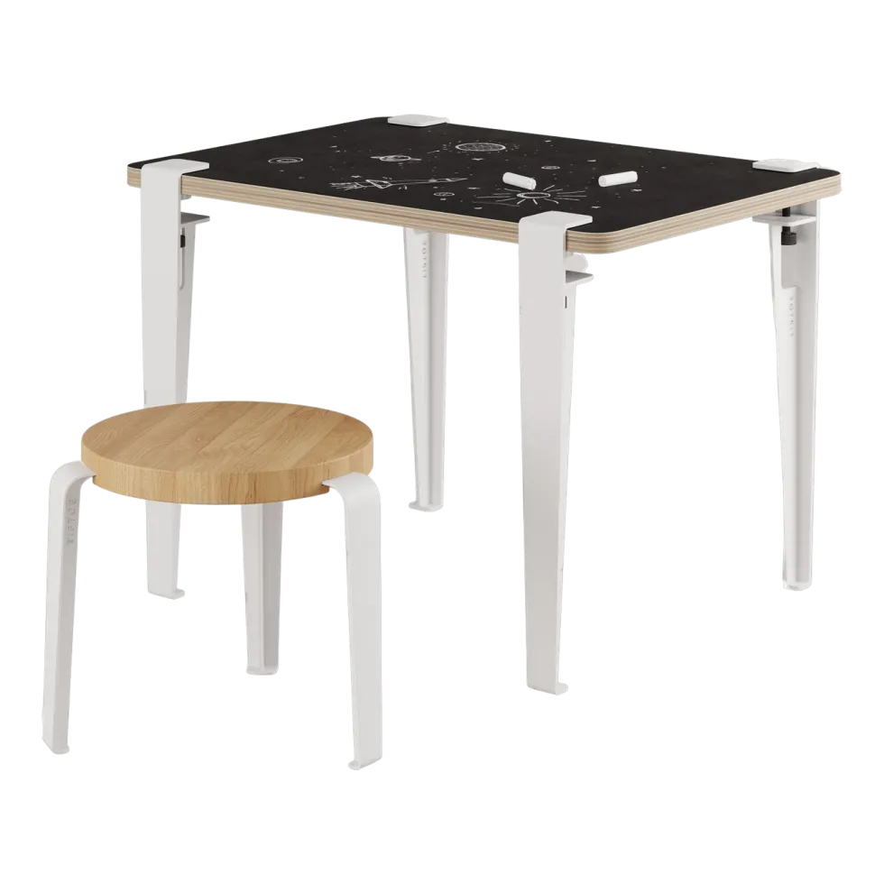 Bureau enfant blanc ardoise 70 x 50 cm Vice Versa et tabouret chêne blanc Mini Lou - Tiptoe