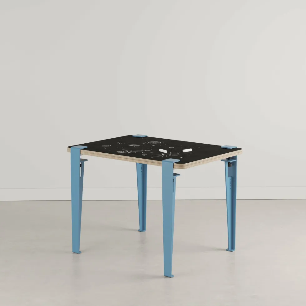 Bureau enfant blanc et bleu ardoise 70 x 50 cm Vice Versa et tabouret chêne bleu Mini Lou - Tiptoe