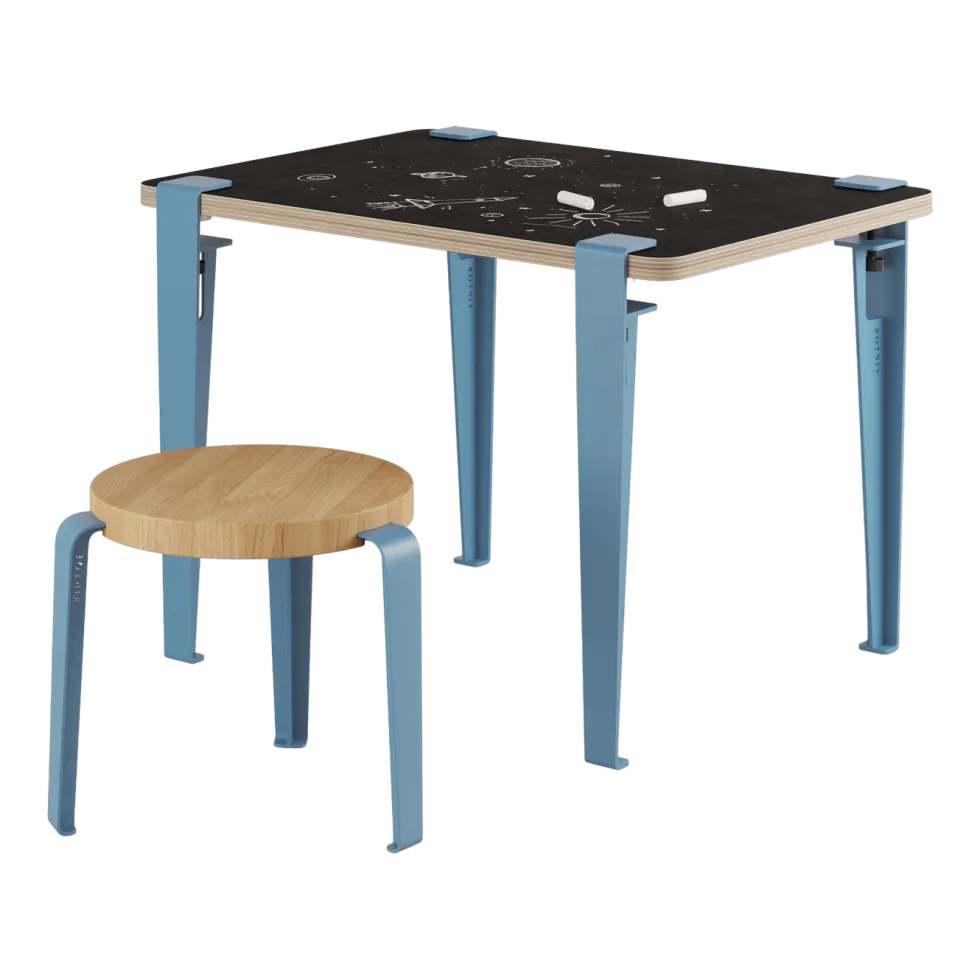 Bureau enfant blanc et bleu ardoise 70 x 50 cm Vice Versa et tabouret chêne bleu Mini Lou - Tiptoe