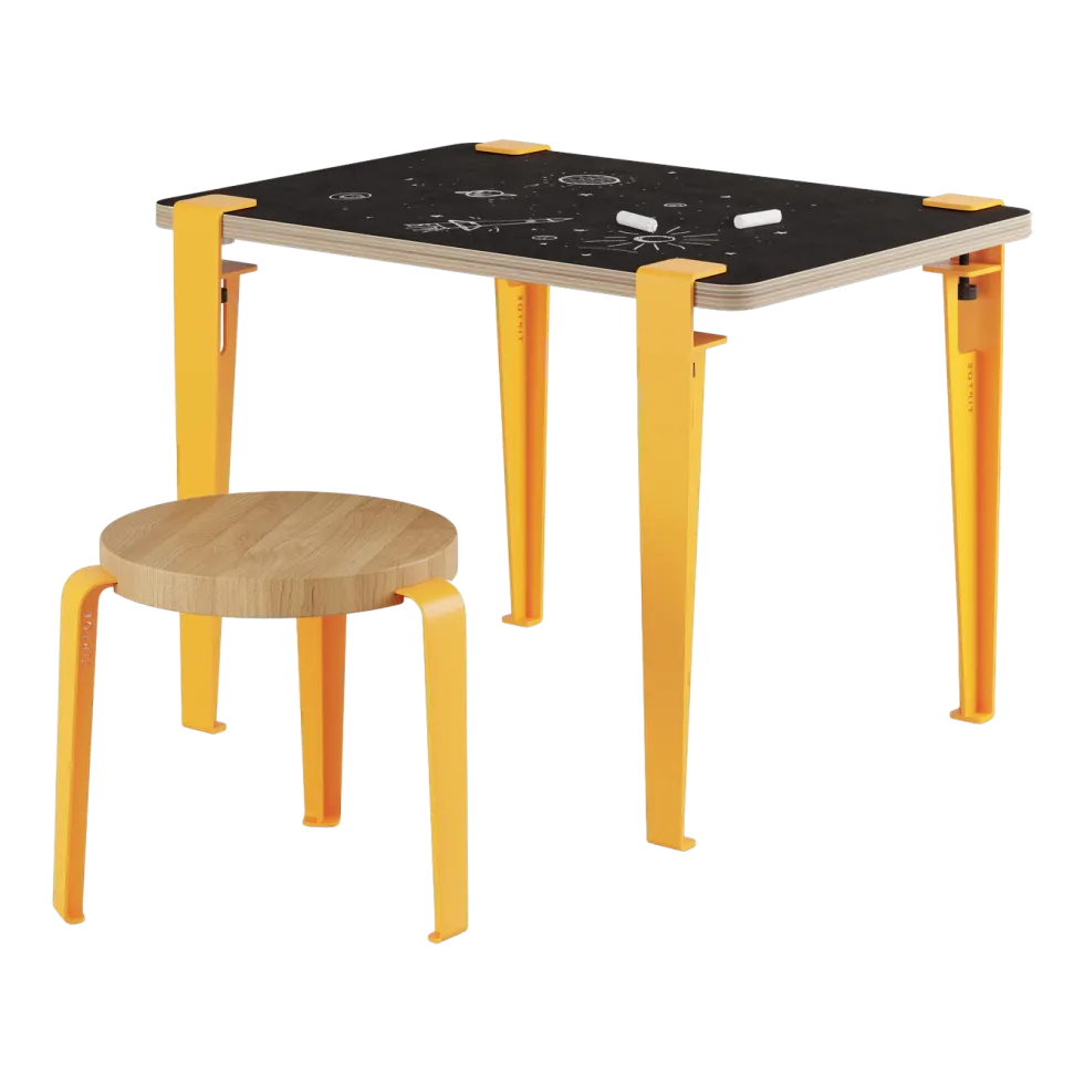 Bureau enfant blanc et jaune ardoise 70 x 50 cm Vice Versa et tabouret chêne jaune Mini Lou - Tiptoe