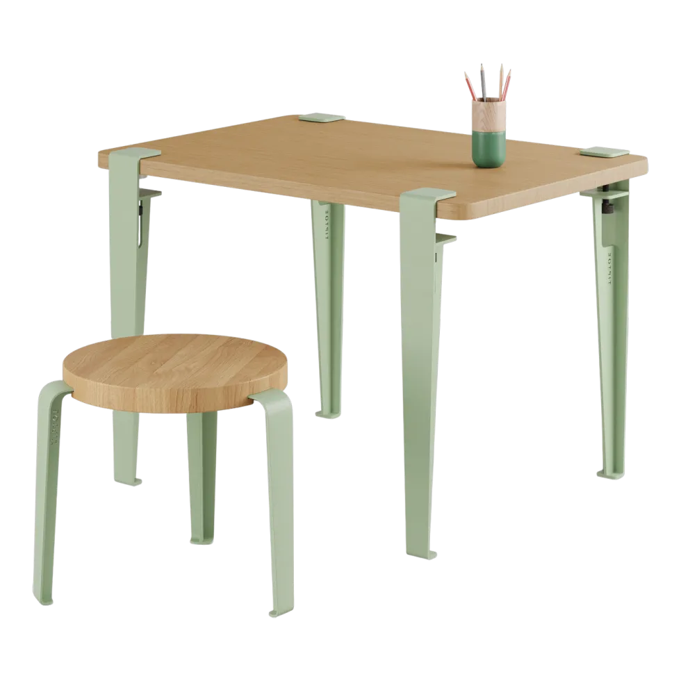 Bureau enfant en chêne 70 x 50 cm vert Kids et tabouret vert et chêne Mini Lou - Tiptoe