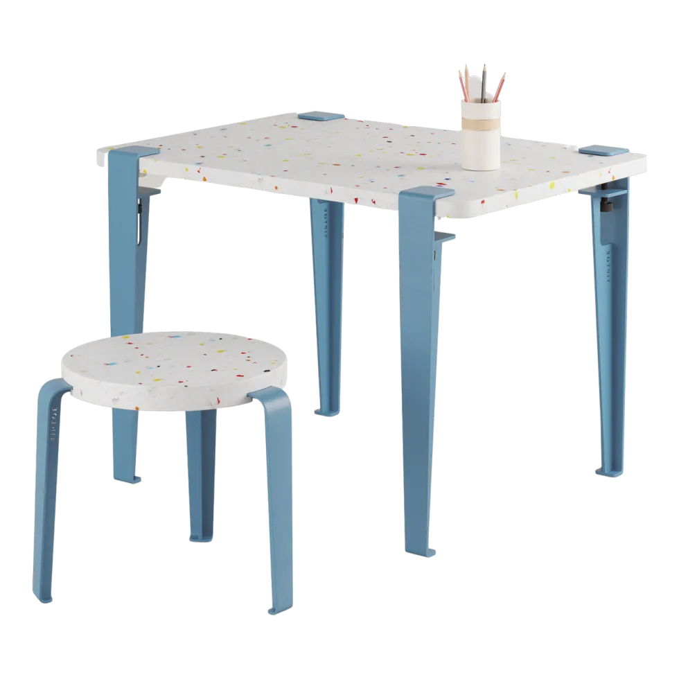 Bureau enfant plastique recyclé 70 x 50 cm bleu Tutti Frutti et tabouret bleu Mini Lou - Tiptoe
