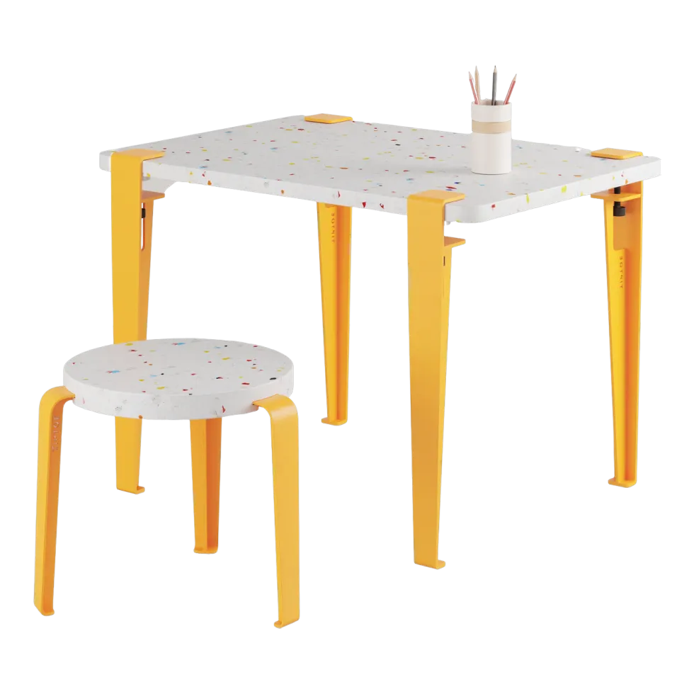 Bureau enfant plastique recyclé 70 x 50 cm jaune Tutti Frutti et tabouret jaune Mini Lou - Tiptoe