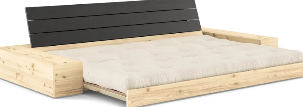 Canapé convertible avec rangement en pin dossier noir et matelas en lin Base - Karup Design