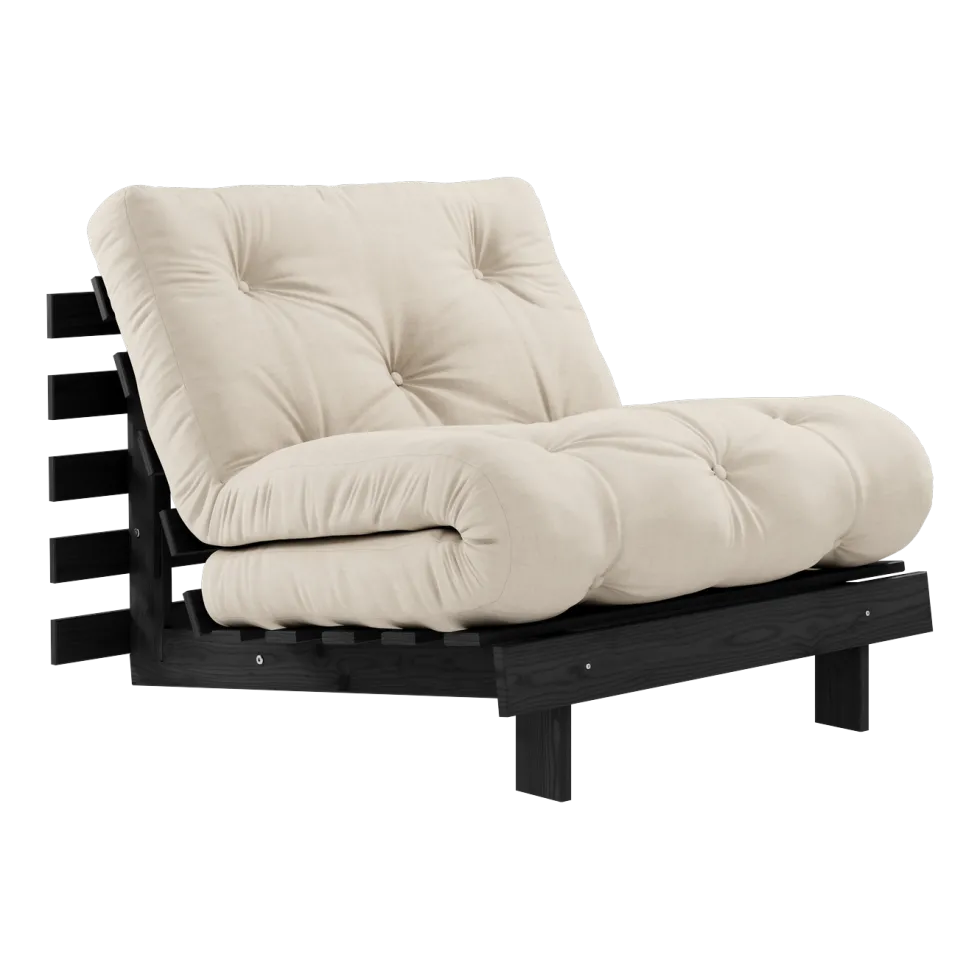 Canapé convertible en bois de pin noir laqué et matelas beige 90x200cm Roots 90 - Karup Design