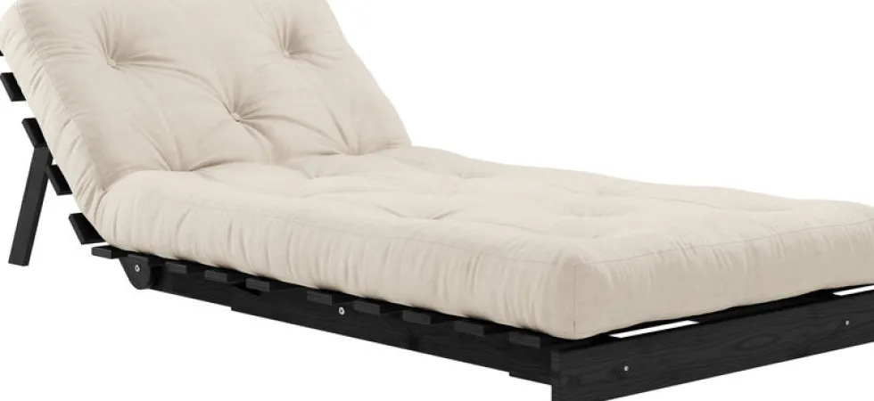Canapé convertible en bois de pin noir laqué et matelas beige 90x200cm Roots 90 - Karup Design