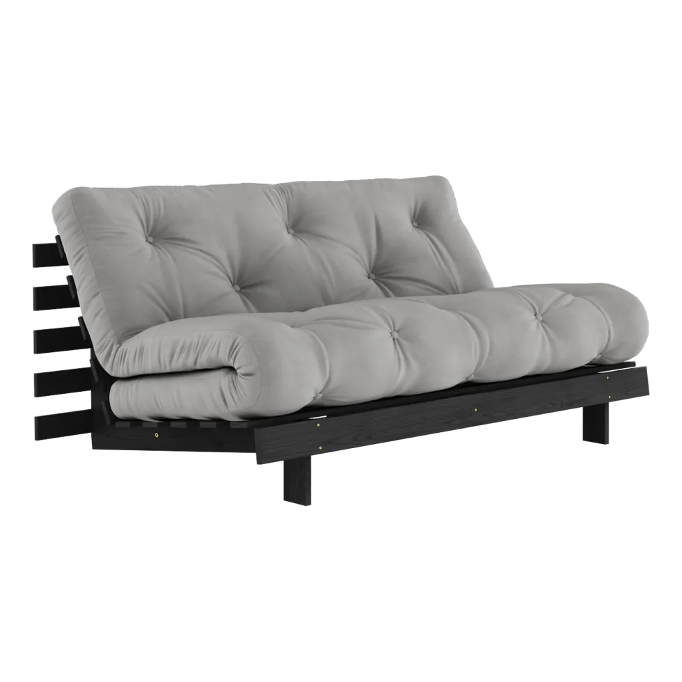 Canapé convertible en bois de pin noir laqué et matelas gris 160x200cm Roots 160 - Karup Design