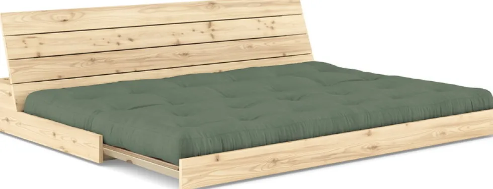 Canapé convertible en pin naturel laqué et matelas vert olive 196x110x72 cm Base - Karup Design