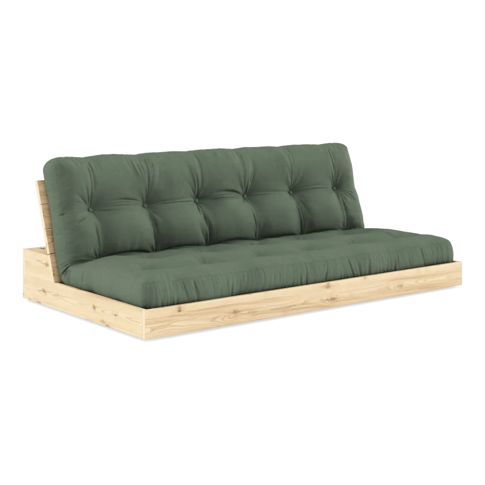 Canapé convertible en pin naturel laqué et matelas vert olive 196x110x72 cm Base - Karup Design