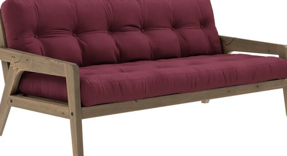 Canapé-lit en bois de pin laqué marron foncé et tissu bordeaux 204 x 130 cm Grab - Karup Design