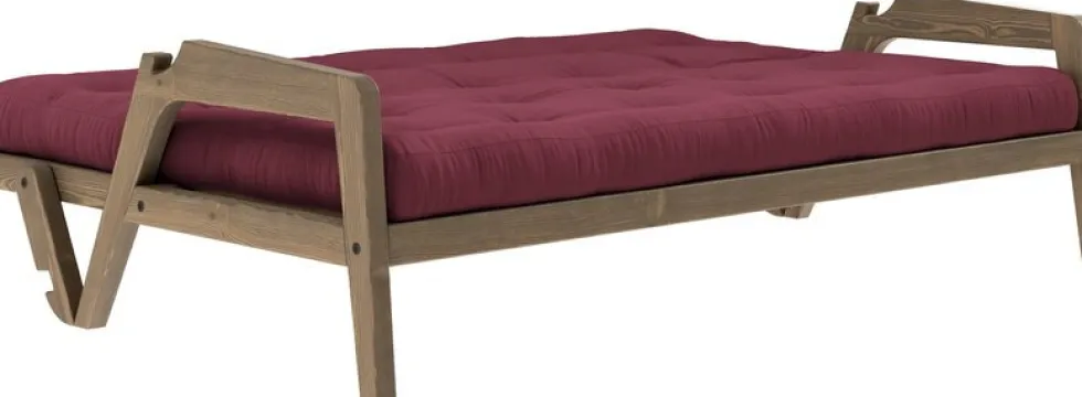 Canapé-lit en bois de pin laqué marron foncé et tissu bordeaux 204 x 130 cm Grab - Karup Design