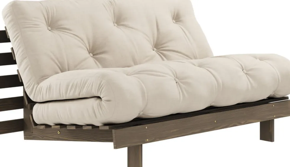 Canapé-lit en pin carob brown et tissu beige 140 x 200 cm Roots - Karup Design