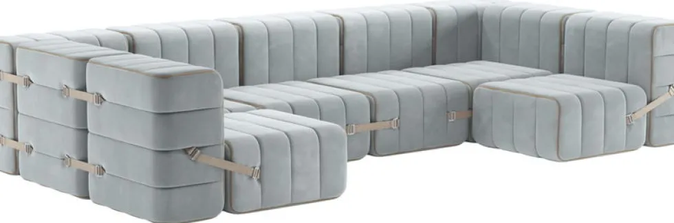 Canapé modulable forme u en velours barcelone bleu clair 340x170x68cm Curt - Ambivalenz