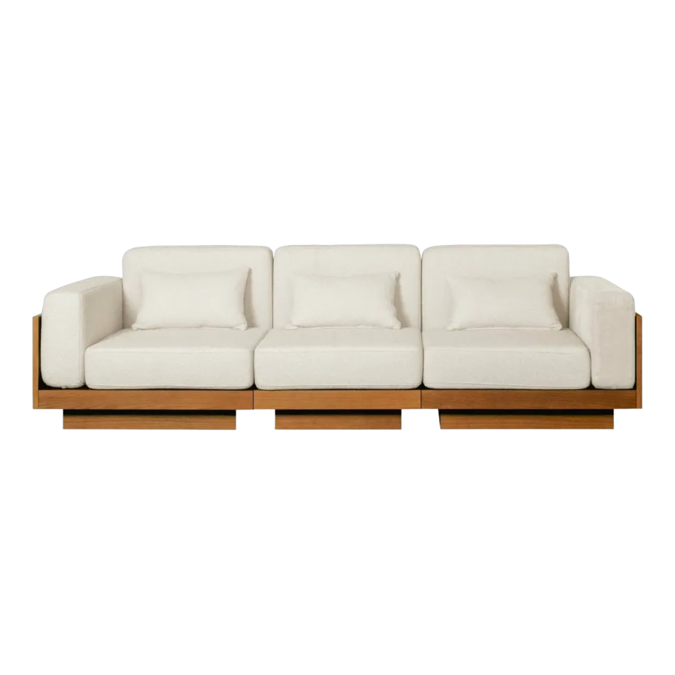Canapé 3 places d'extérieur en Iroko et bouclette Crème Georges Le Confortable - Gabrielle Paris