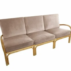 Canapé 3 places en rotin coussins velours beige rosé Riviera - KOK