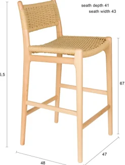 Chaise de bar en bois de hêtre tressé 47x48x95cm Cecile - Dutchbone