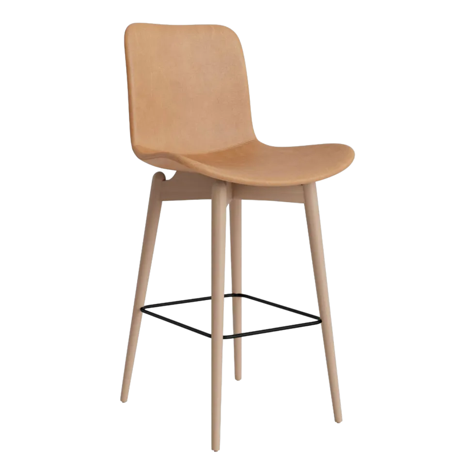 Chaise de bar en hêtre naturel et rembourrage en cuir camel 65 cm Langue - NORR11