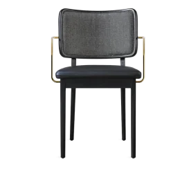 Chaise en chêne teinté noir avec accoudoirs tissu caviar et cuir noir Tapissier - RED Edition