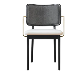 Chaise en chêne teinté noir avec accoudoirs tissu caviar et cuir vanille Tapissier - RED Edition