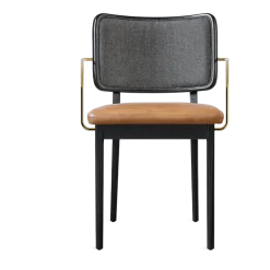 Chaise en chêne teinté noir avec accoudoirs tissu caviar et cuir tabac Tapissier - RED Edition