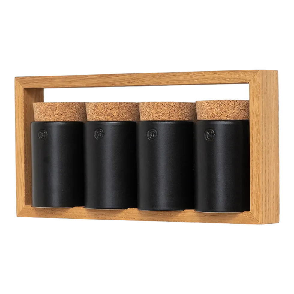 Etagère à épices en chêne naturel et bocaux en céramique gris 31x5,5x15cm Bocuse - das kleine b