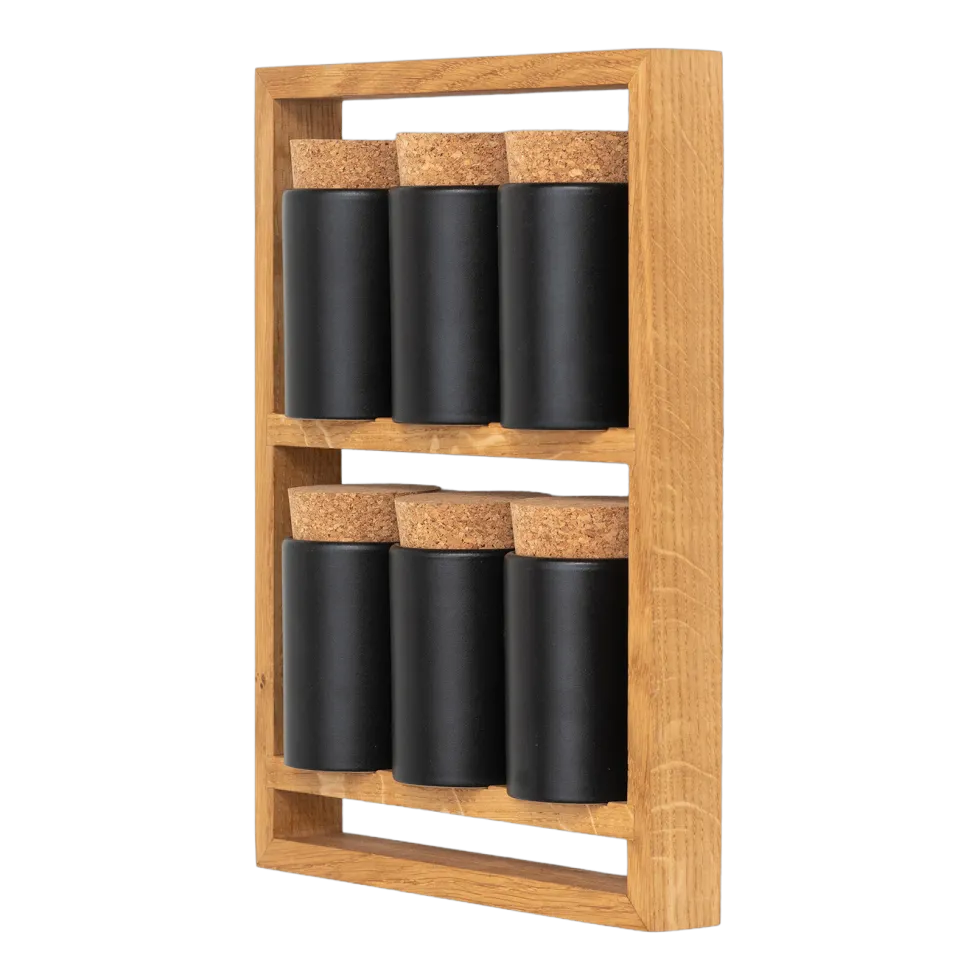 Etagère à épices en chêne naturel et bocaux en céramique gris 24,5x5,5x32cm Bocuse - das kleine b