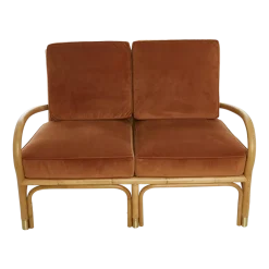 Fauteuil deux places en rotin avec coussin de velours couleur ocre 123 x 80 x 80 Riviera - KOK