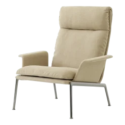 Fauteuil à dossier haut avec accoudoirs en tissu beige et aluminium chromé Muno LN17 - &tradition