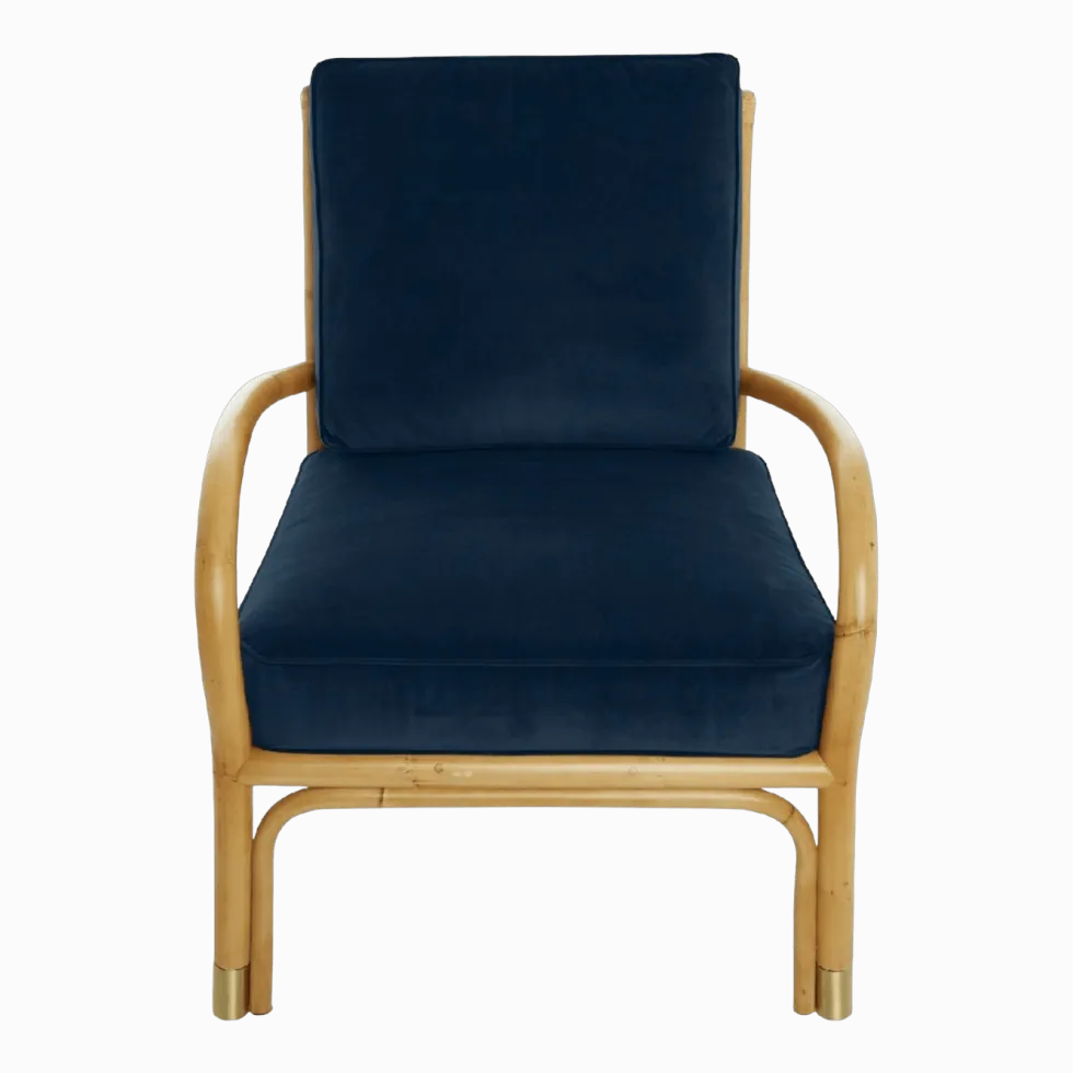Fauteuil en rotin coussins velours bleu marine Riviera - KOK