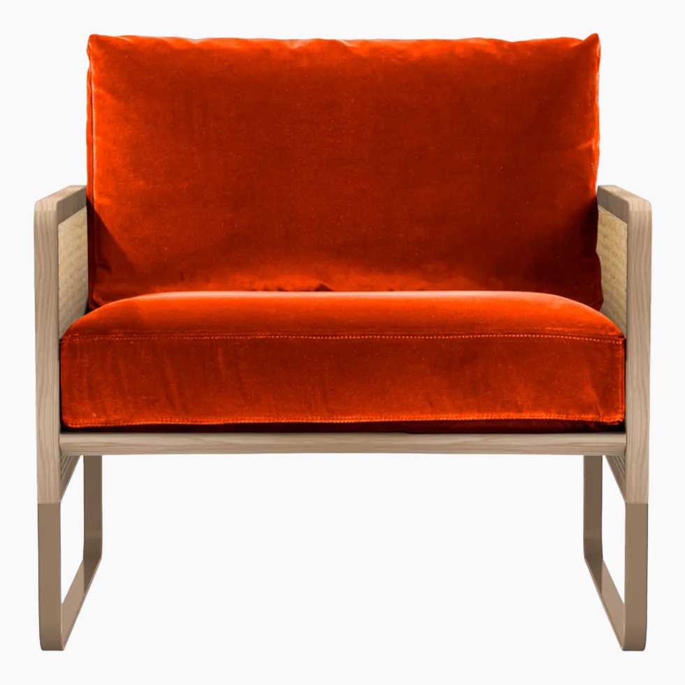 Fauteuil en velours orange et en chêne Cannage - RED Edition