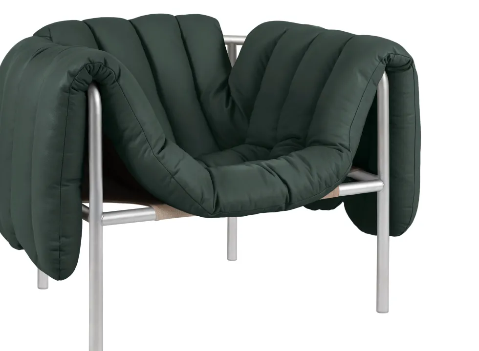 Fauteuil lounge en cuir vert foncé et acier Puffy - Hem