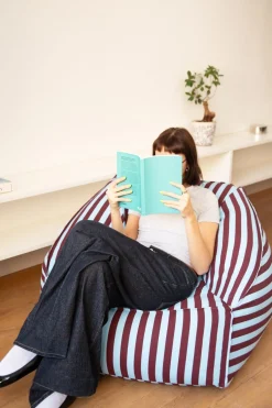 Fauteuil pouf en coton à rayures rouge bordeaux et bleu 105 x 105 x 60 cm Ziggy - Nobodinoz
