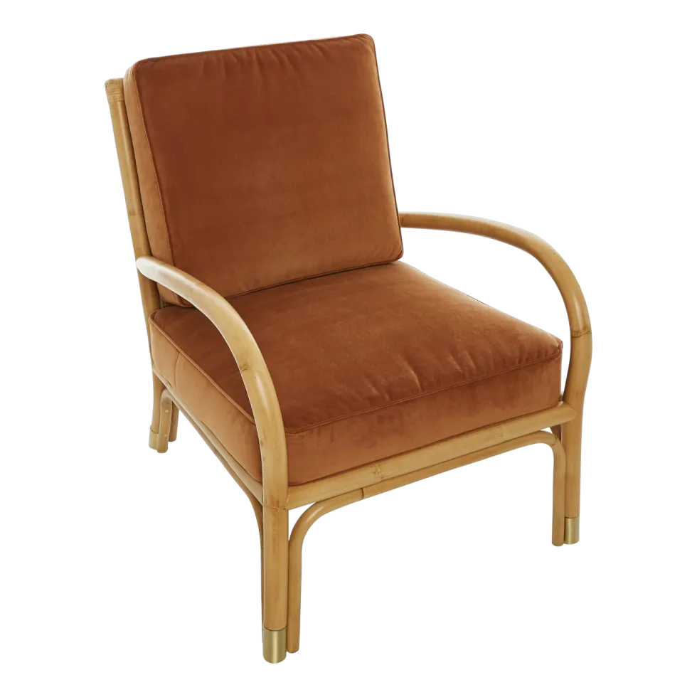 Fauteuil une place en rotin avec coussin de velours couleur ocre 66 x 80 x 80 - KOK