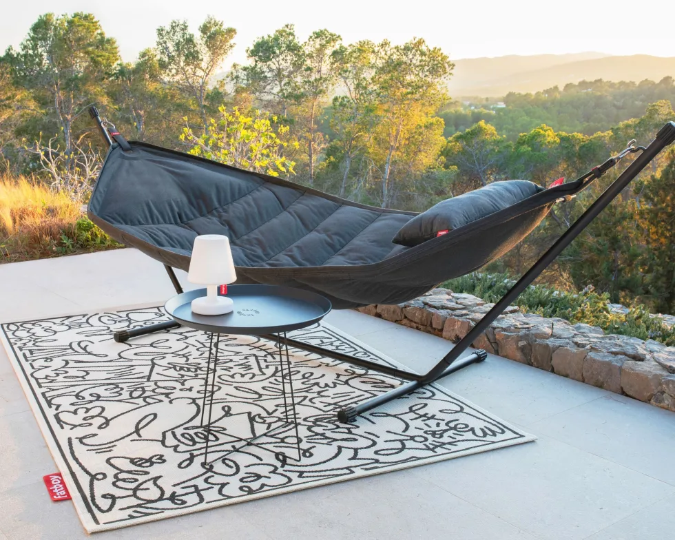 Hamac en acier noir et tissu gris taupe avec coussin 270x138x110cm Headdemock Superb Deluxe - Fatboy