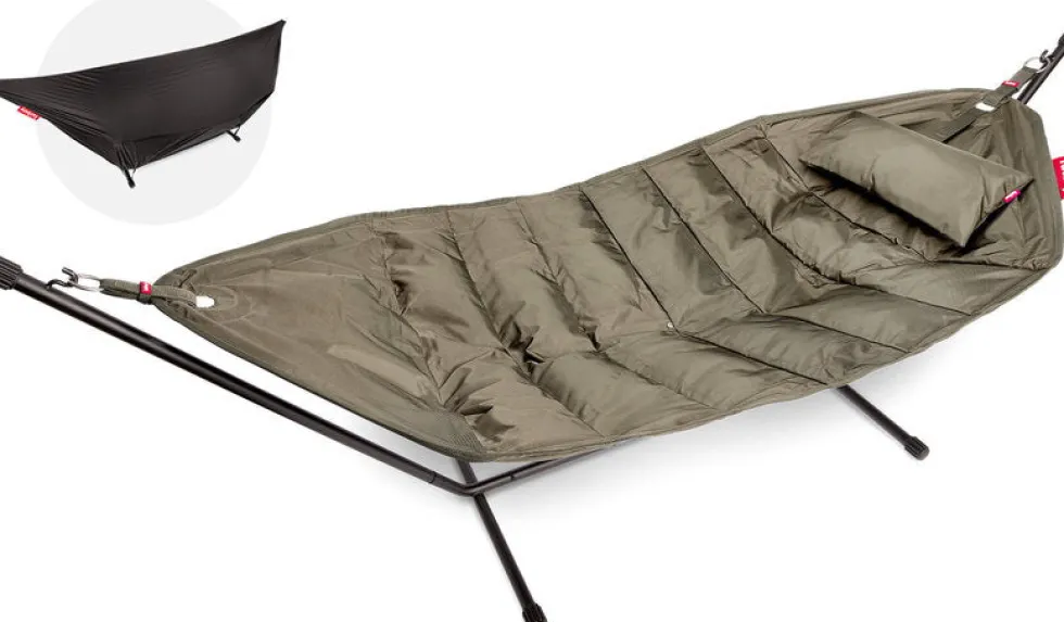 Hamac en acier noir et tissu gris taupe avec coussin 270x138x110cm Headdemock Deluxe - Fatboy