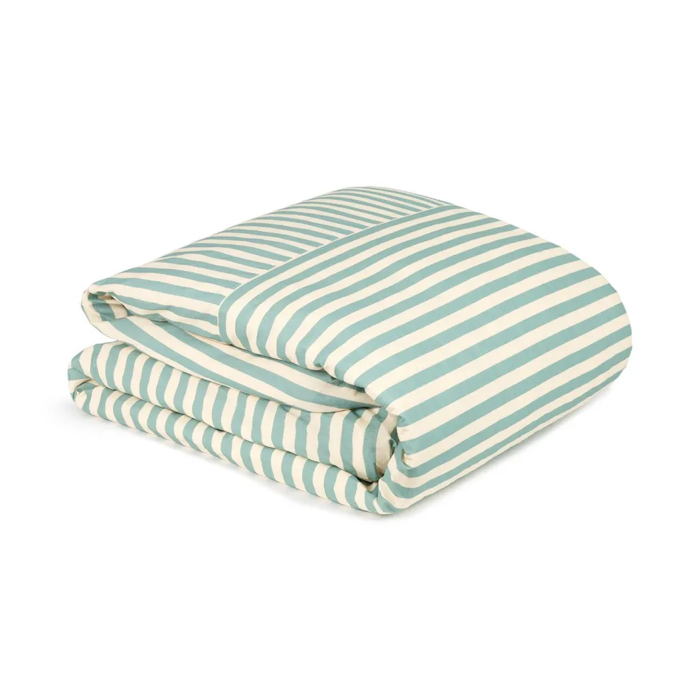 Housse de couette lit double en popeline de coton bio à rayures bleu turquoise 240 x 220 cm Leonard - Nobodinoz