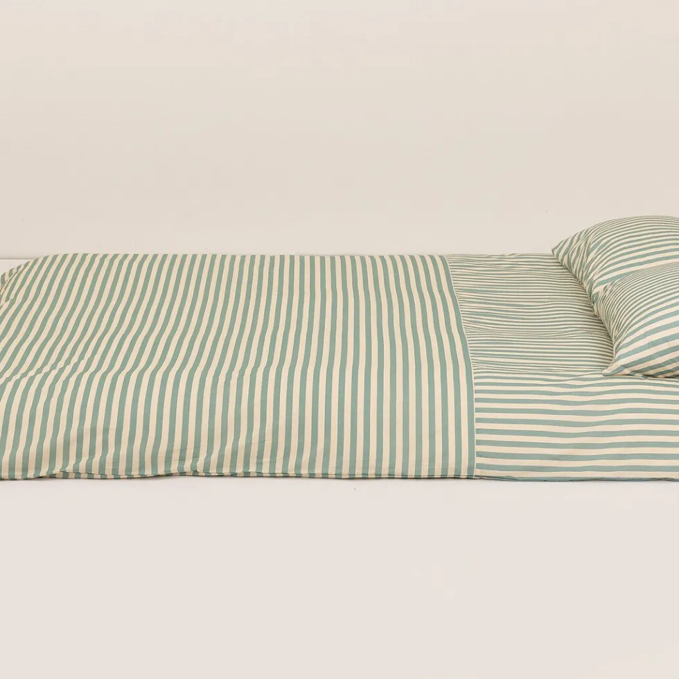 Housse de couette lit double en popeline de coton bio à rayures bleu turquoise 240 x 220 cm Leonard - Nobodinoz