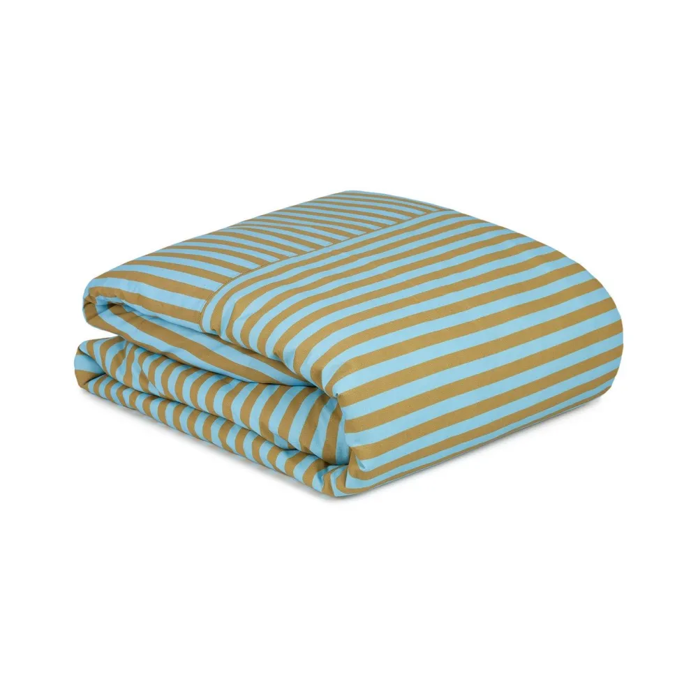Housse de couette lit double en popeline de coton bio à rayures bleu et jaune curry 240 x 220 cm Leonard - Nobodinoz