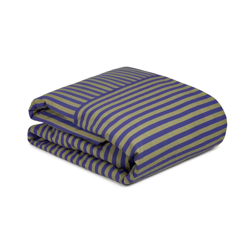 Housse de couette lit double en popeline de coton bio à rayures bleu indigo 240 x 220 cm Leonard - Nobodinoz