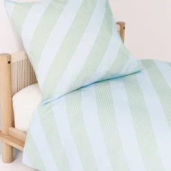 Housse de couette lit individuel en popeline de coton bio à rayures bleu et vert 150 x 200 cm Sheldon - Nobodinoz