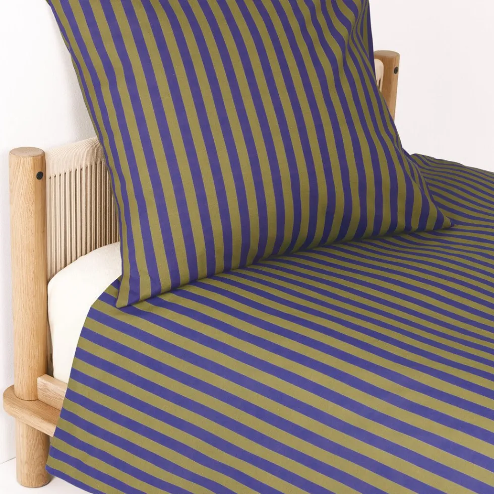 Housse de couette lit individuel en popeline de coton bio à rayures bleu indigo 150 x 200 cm Sheldon - Nobodinoz