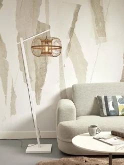 Lampadaire en bambou blanc avec abat-jour en bois naturel 150x25 cm Hokkaido - Good & Mojo