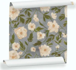 Lé de papier peint fleuri sur fond gris clair Aude - Mues Design